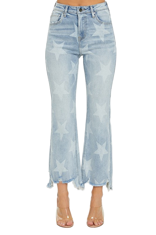 Damejeans Høy Midje Straight Denim Stjerneprint 0