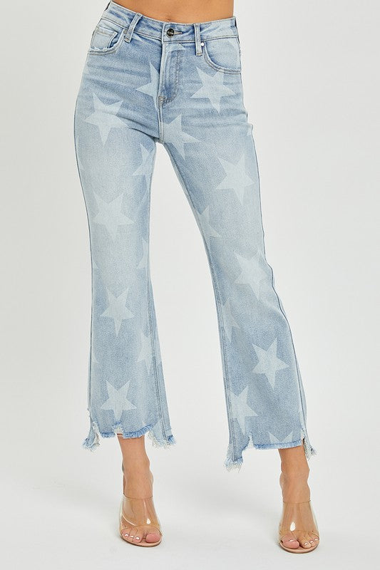 Damejeans Høy Midje Straight Denim Stjerneprint 2