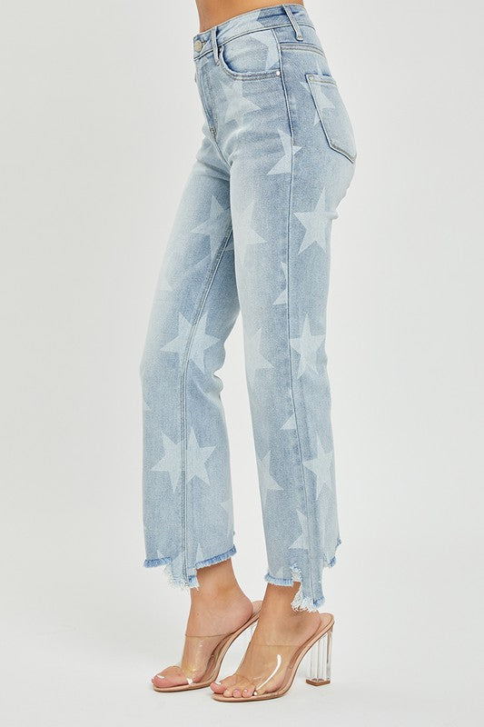 Damejeans Høy Midje Straight Denim Stjerneprint 3