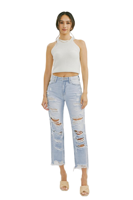 Damejeans Høyt Liv Distressed Lett Denim 0
