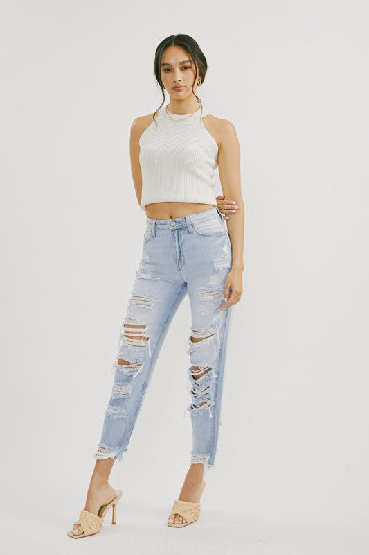 Damejeans Høyt Liv Distressed Lett Denim 1