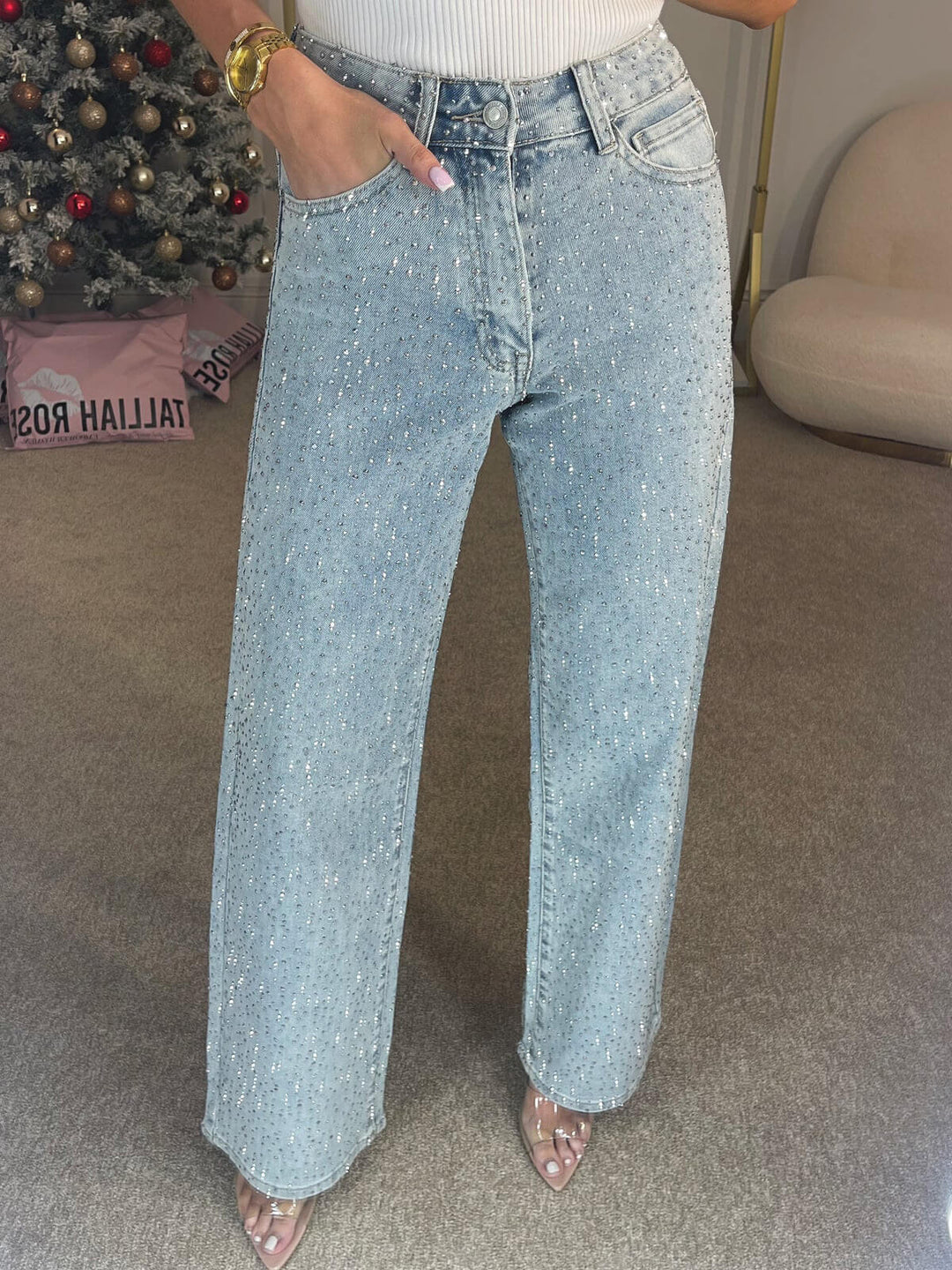 Damejeans med høy midje og glitrende detaljer 4