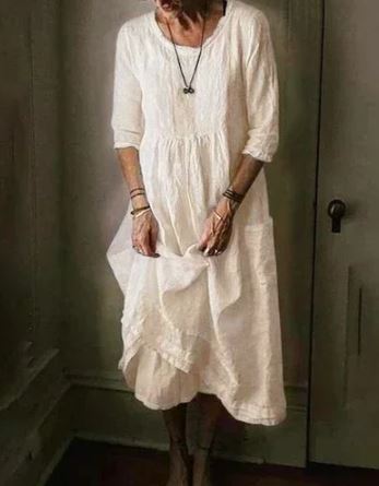 Damens Midi Kjole Vintage-Inspirert Design i Bomull-Linen 3