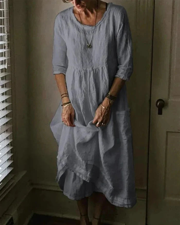 Damens Midi Kjole Vintage-Inspirert Design i Bomull-Linen 4