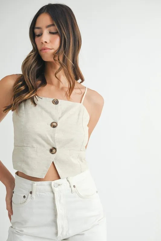 Damer Tank Top Knapper Linblanding Kort Lengde 1
