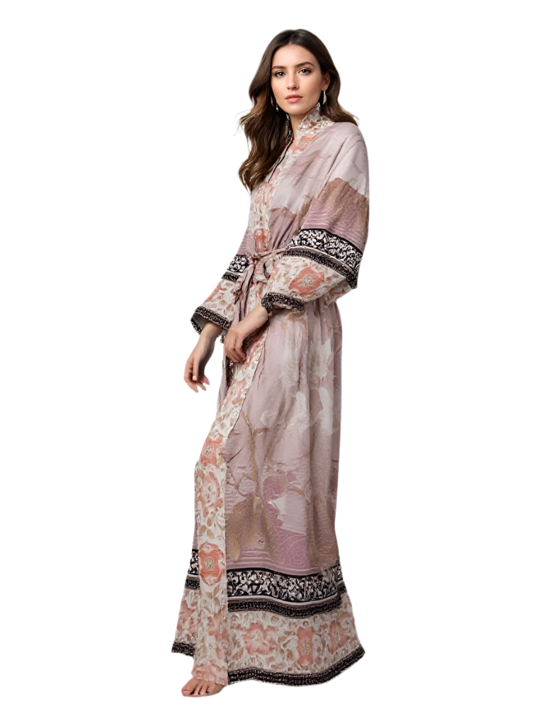 Damers Lange Kimono med Blomsterprint og Strikceintur 0