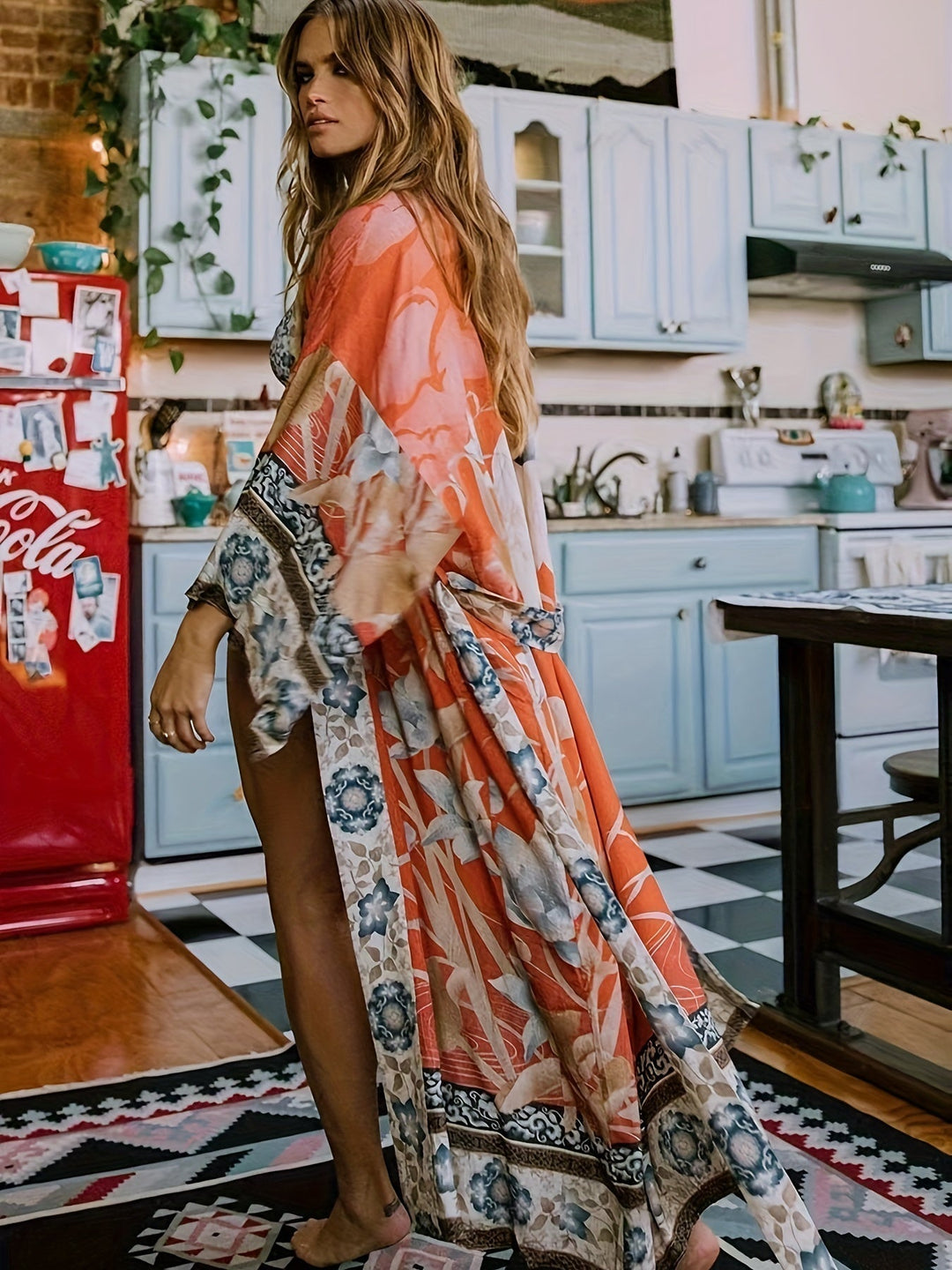 Damers Lange Kimono med Blomsterprint og Strikceintur 1