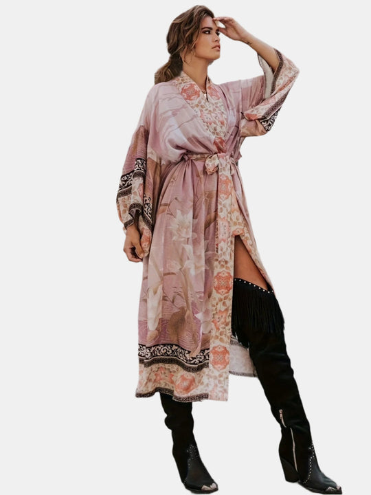 Damers Lange Kimono med Blomsterprint og Strikceintur 3