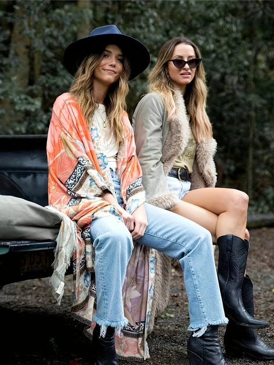 Damers Lange Kimono med Blomsterprint og Strikceintur 4