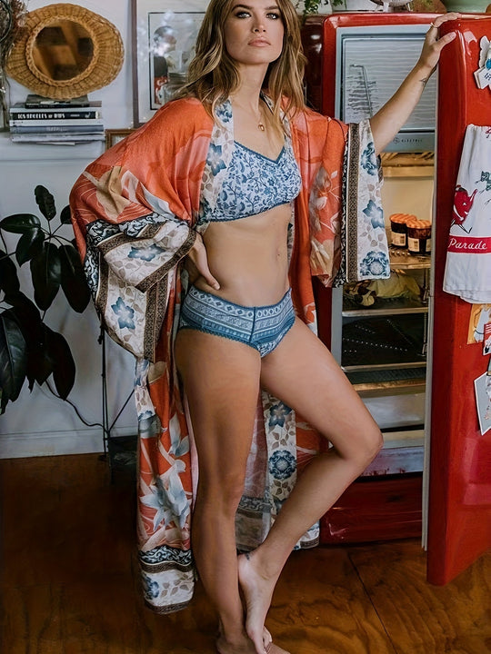 Damers Lange Kimono med Blomsterprint og Strikceintur 5