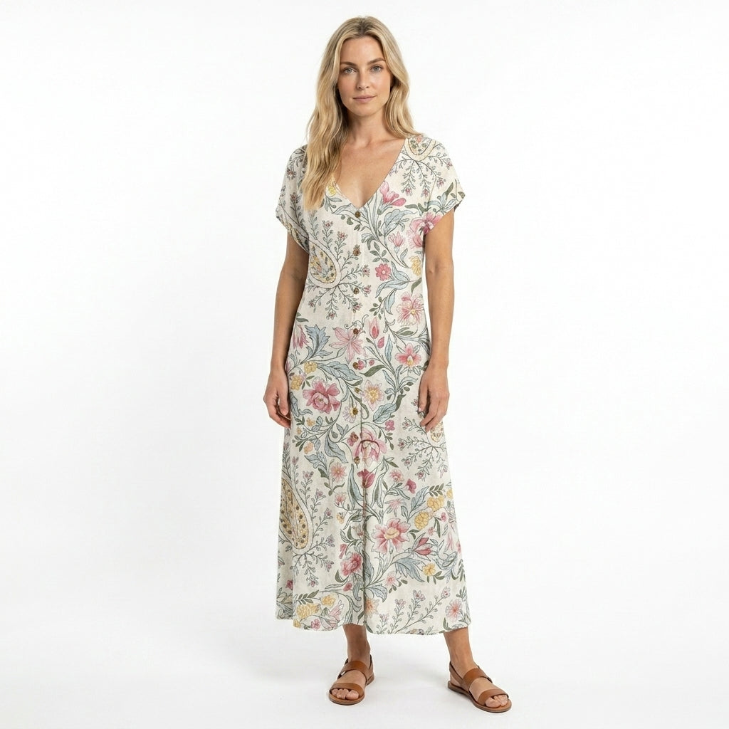 Damesommerkjole med V-hals og flagrende design 1