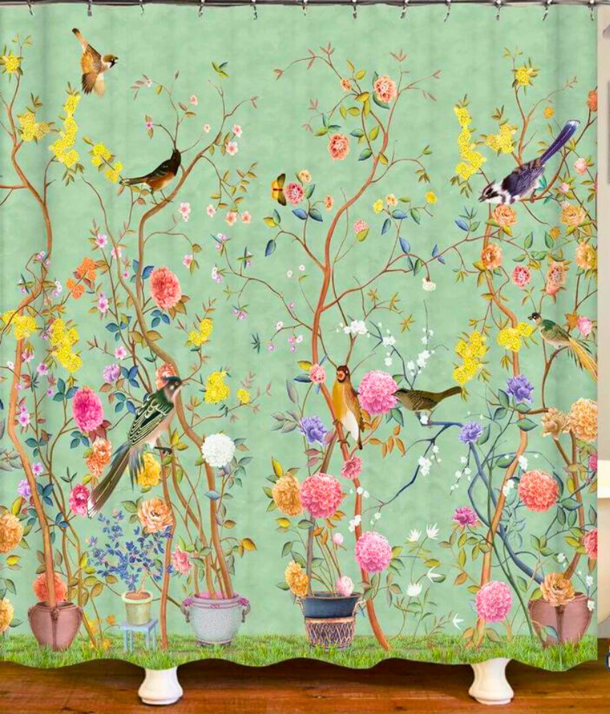 Dusjforheng med Blomster og Fugletrykk for Bad 0