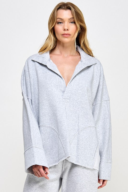 Grå V-Hals Pullover med Dolman Ermer 1