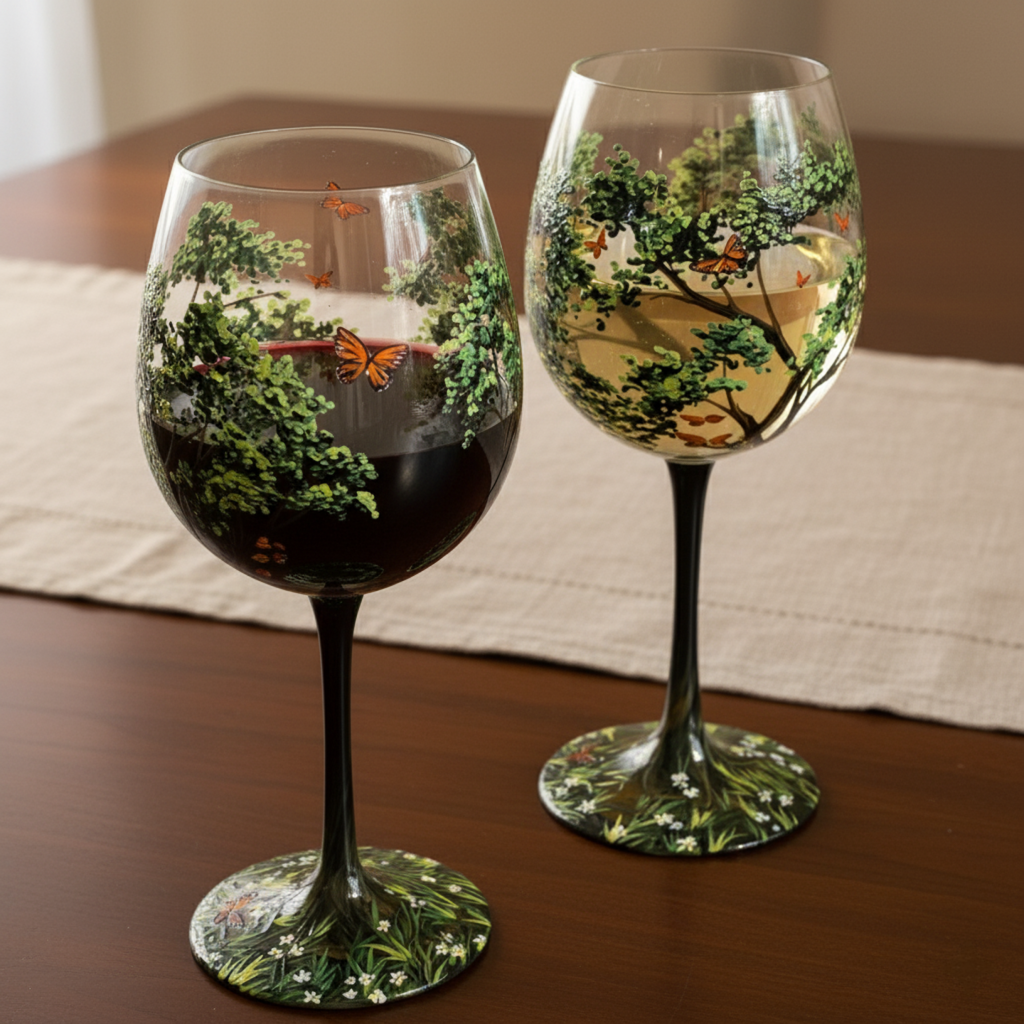 Håndmalte Vinglass med Årstidstema Unike Design 1