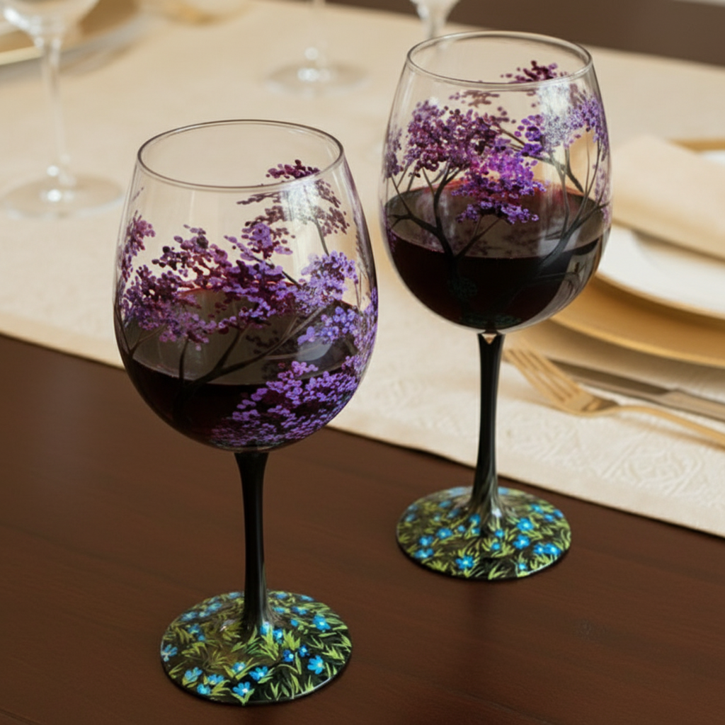 Håndmalte Vinglass med Årstidstema Unike Design 3