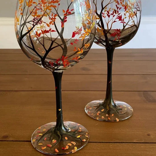 Håndmalte Vinglass med Årstidstema Unike Design 9