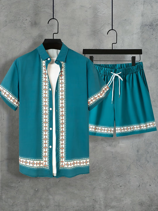 Herre Boho Sommer Sett med Kortermet Skjorte og Shorts 4