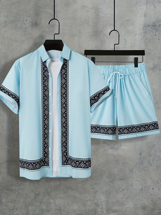 Herre Boho Sommer Sett med Kortermet Skjorte og Shorts 8