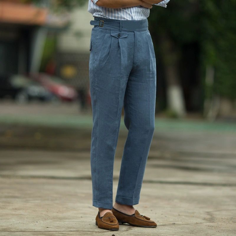 Herre Bukser Slim Fit Høy Midje Lin Pleated Front 2