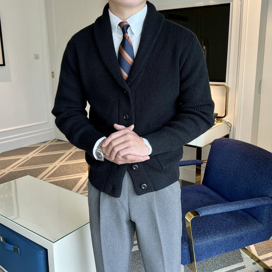 Herre Cardigan med Sjalkrage – Ribbestrikket – Knappelukking 1