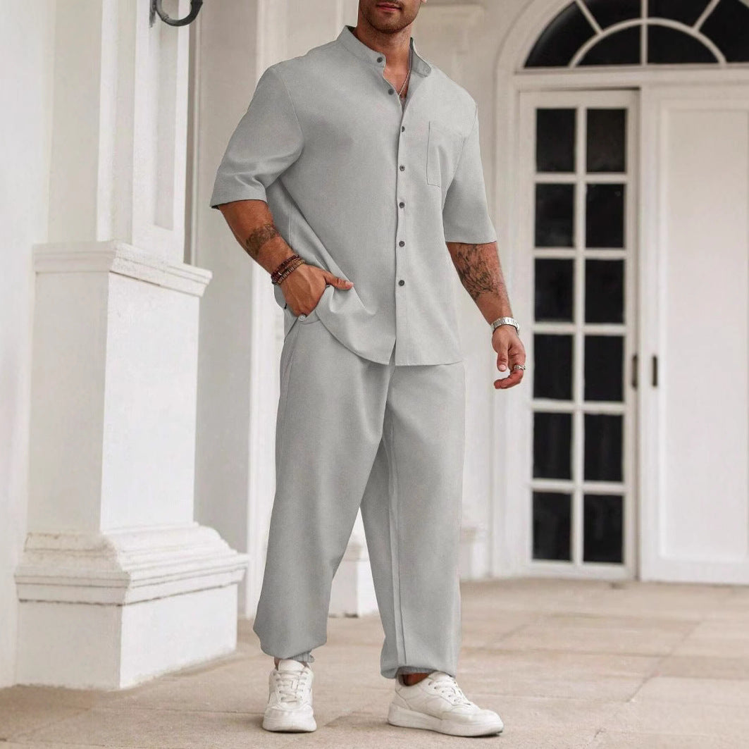 Herre Casual Sett – Kortermet Skjorte & Bukser i Bomull-Lin Blend 3