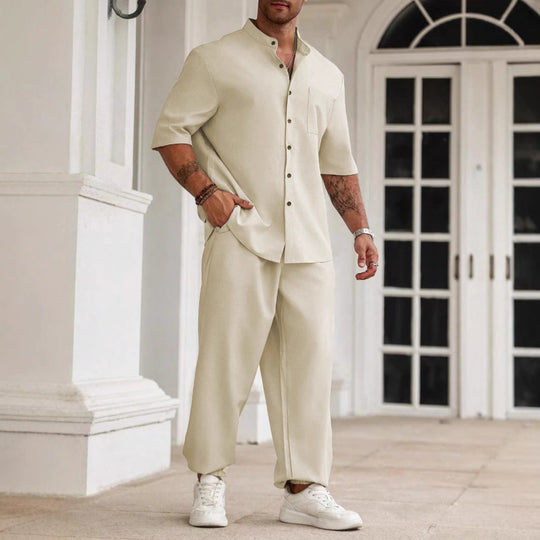 Herre Casual Sett – Kortermet Skjorte & Bukser i Bomull-Lin Blend 4