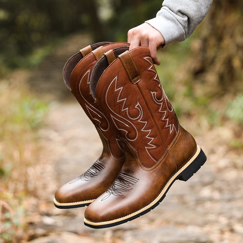 Herre Cowboy Boots Høy Topps Retro Lær og Tekstil 2