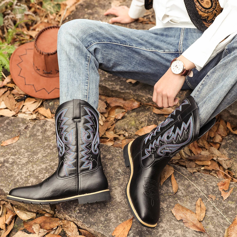 Herre Cowboy Boots Høy Topps Retro Lær og Tekstil 3