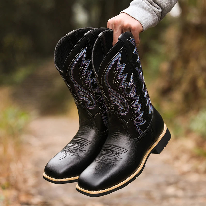 Herre Cowboy Boots Høy Topps Retro Lær og Tekstil 5