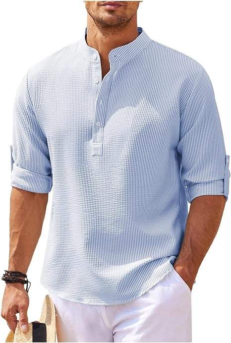 Herre Henley Skjorte Langermet Rulleoppslag Lett Stoff 8