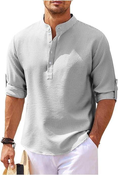 Herre Henley Skjorte Langermet Rulleoppslag Lett Stoff 9