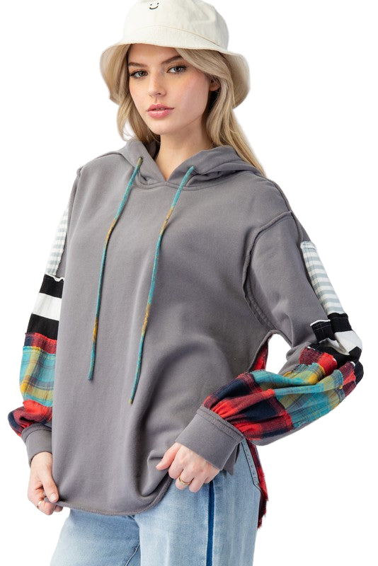 Herre Hoodie Plaid Terry Knit Grå 0