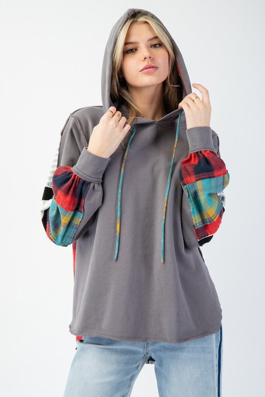 Herre Hoodie Plaid Terry Knit Grå 2