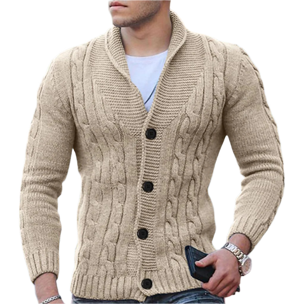 Herre Kabelstrikket Cardigan Ullblanding Med Sjalkrage 0