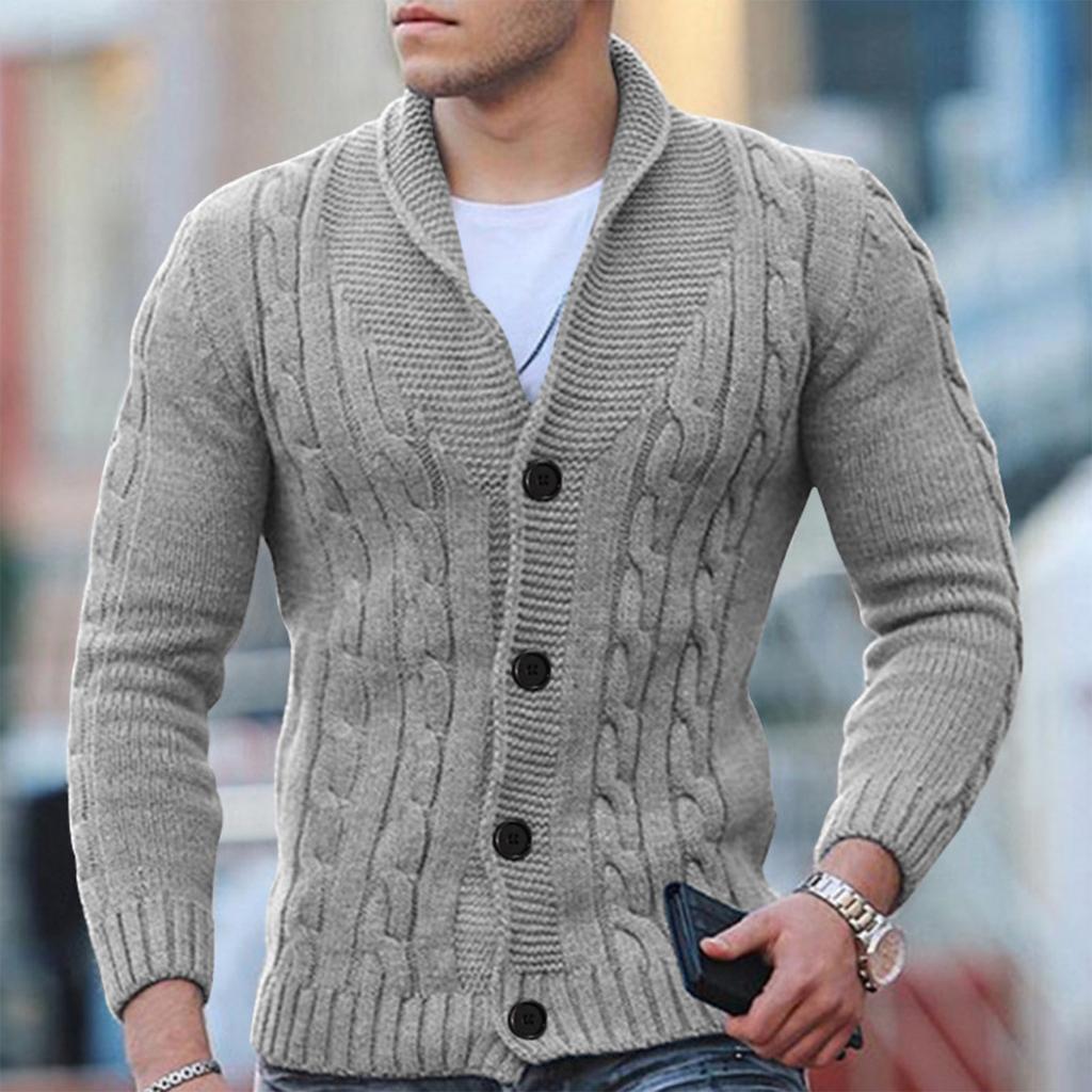 Herre Kabelstrikket Cardigan Ullblanding Med Sjalkrage 3