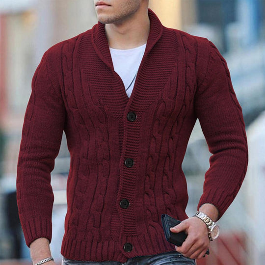 Herre Kabelstrikket Cardigan Ullblanding Med Sjalkrage 6