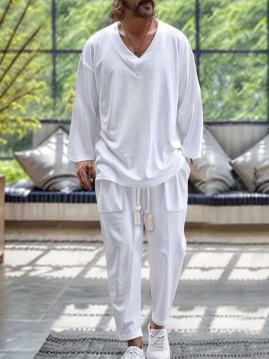 Herre Loungewear Sett V-Hals Langermet Topp Bomullsblanding 1