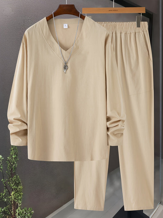 Herre Loungewear Sett V-Hals Langermet Topp Bomullsblanding 2