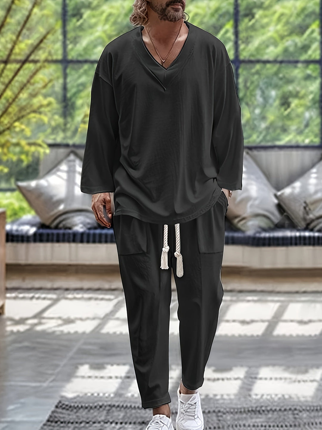 Herre Loungewear Sett V-Hals Langermet Topp Bomullsblanding 3