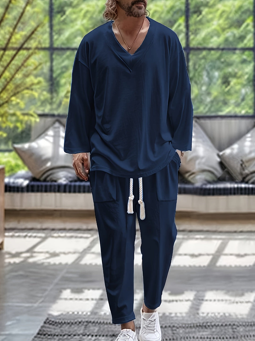 Herre Loungewear Sett V-Hals Langermet Topp Bomullsblanding 4