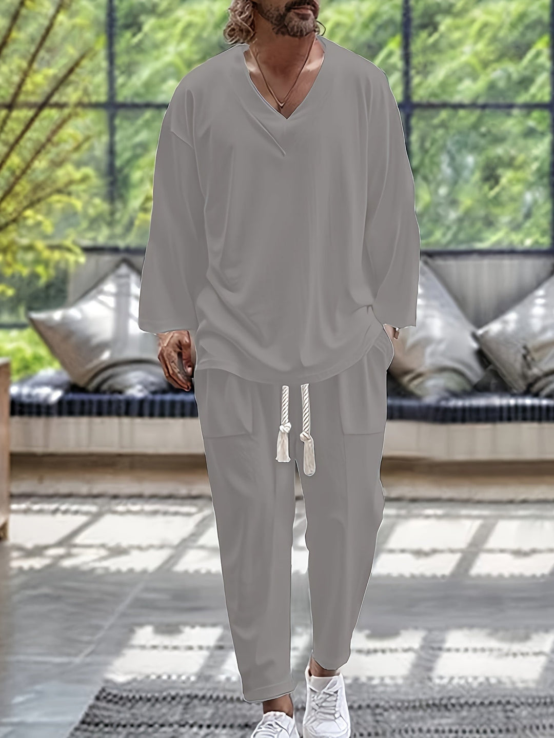 Herre Loungewear Sett V-Hals Langermet Topp Bomullsblanding 5