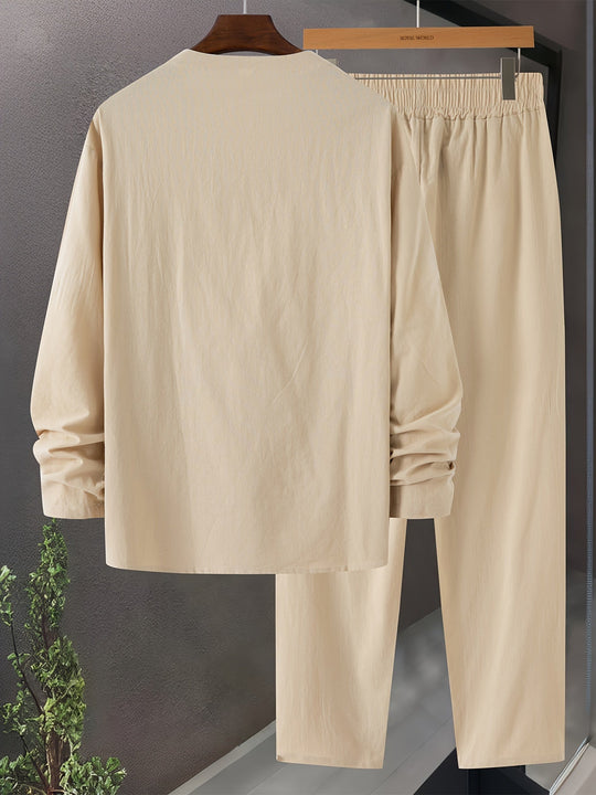 Herre Loungewear Sett V-Hals Langermet Topp Bomullsblanding 6