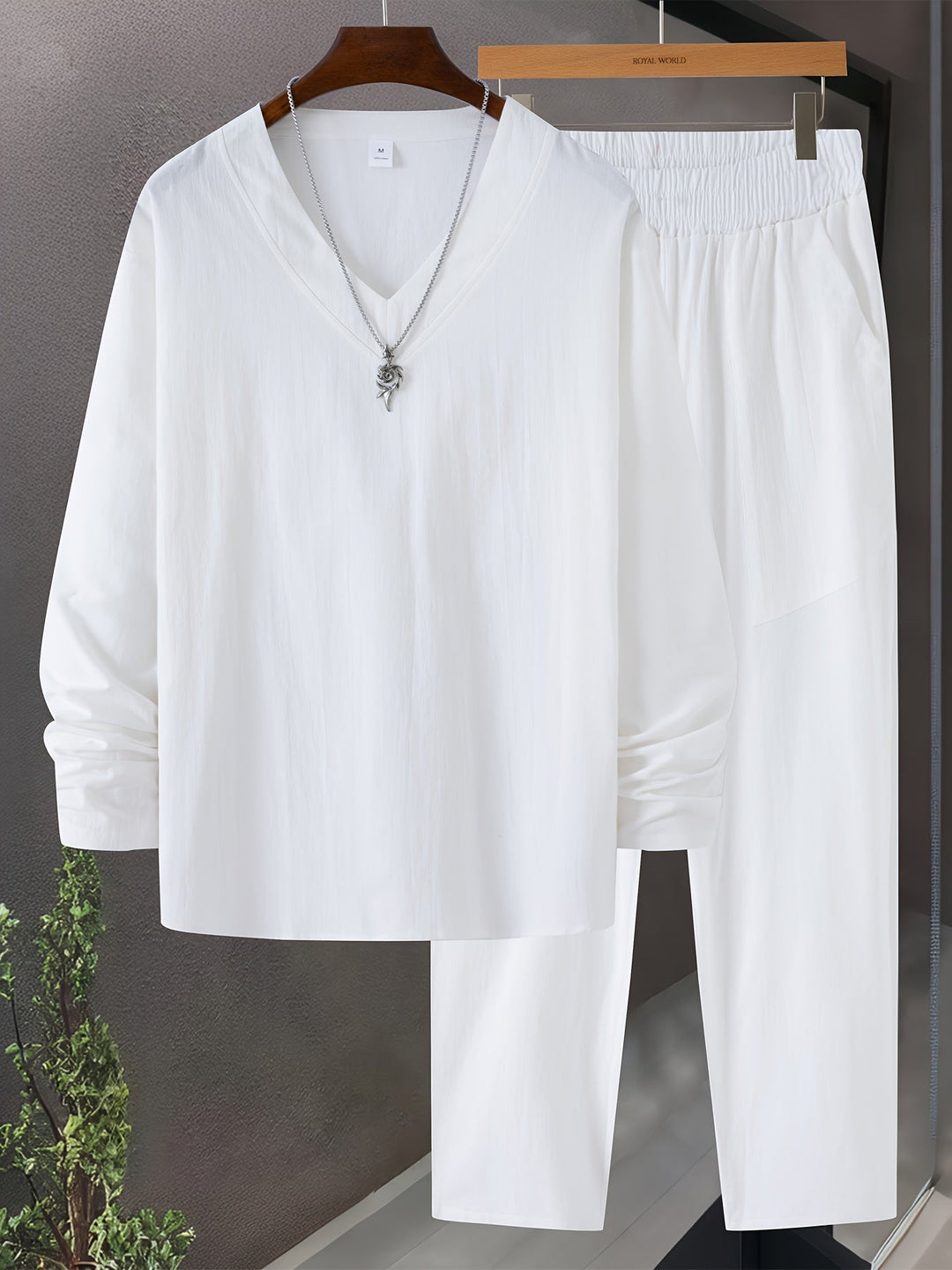 Herre Loungewear Sett V-Hals Langermet Topp Bomullsblanding 7