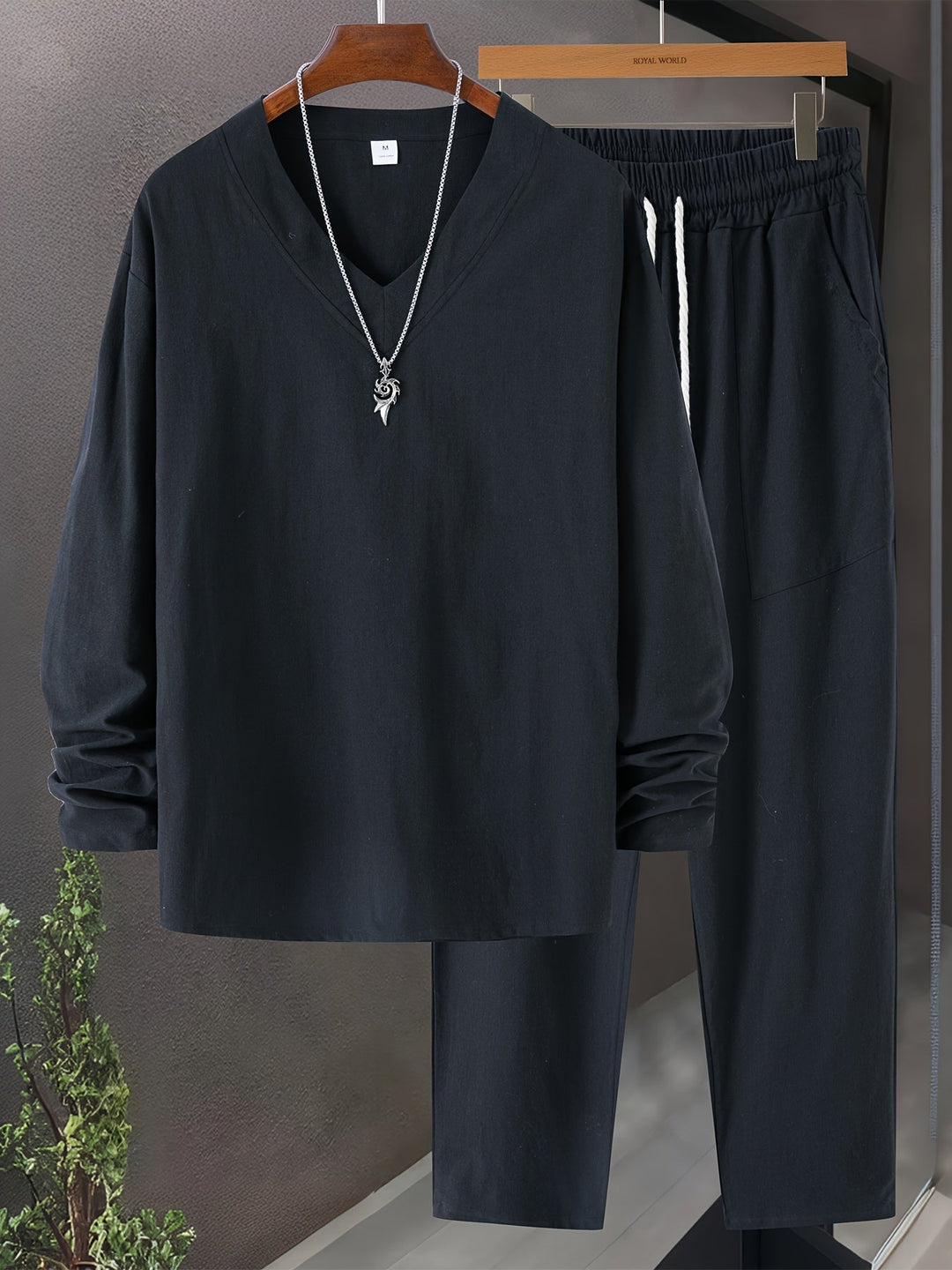 Herre Loungewear Sett V-Hals Langermet Topp Bomullsblanding 8