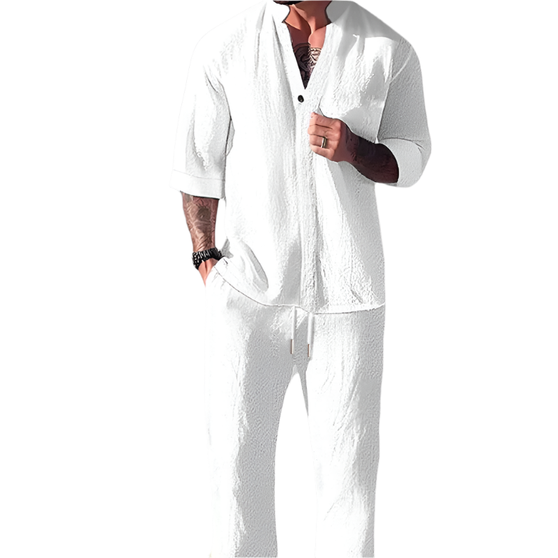 Herre Loungewear Sett V-Hals Langermet Topp Drawstring Bukser Bomull/Lin 0