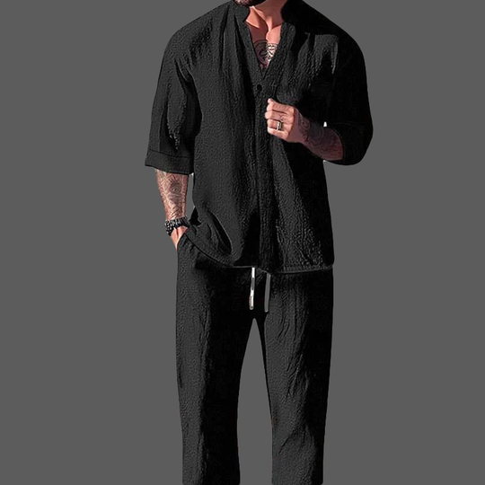 Herre Loungewear Sett V-Hals Langermet Topp Drawstring Bukser Bomull/Lin 1