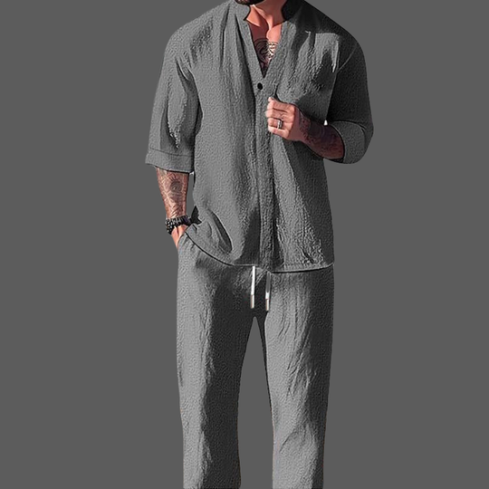 Herre Loungewear Sett V-Hals Langermet Topp Drawstring Bukser Bomull/Lin 2