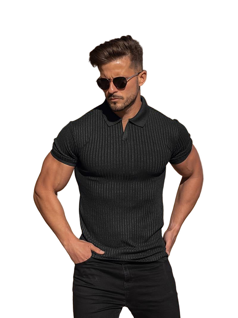 Herre Polo Skjorte Muskel Fit Ribbet Strikket Kortermet 0