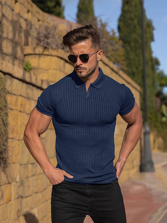 Herre Polo Skjorte Muskel Fit Ribbet Strikket Kortermet 3