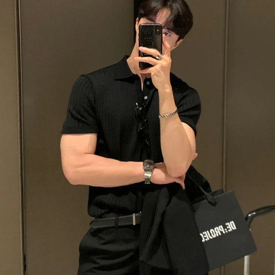 Herre Polo Skjorte Slim Fit Ribbet Strikket Korte Ermer 1